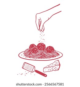 Hand drawn pasta with meat balls on a plate with parmesan cheese. Italian cuisine illustration in sketch style