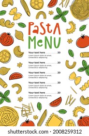 Hand drawn pasta menu. Can be used for menu, cafe, restaurant, street festival or farmers market. Vector line art illustration.