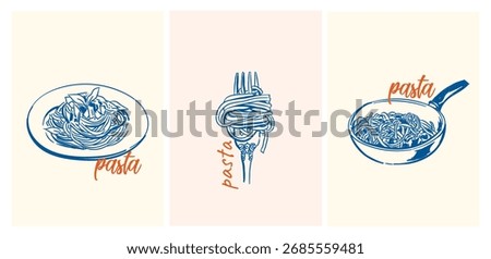 Hand drawn pasta retro vector illustration, Whimsical Mediterranean spaghetti, La Dolce Vita coast doodle food sketch art for menu, greeting cards, poster, sticker, invitation, postcard