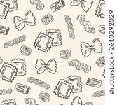 Hand drawn pasta seamless pattern. Minimalist mediterranean spaghetti background. Italy la dolce vita coast food for greeting cards, poster, postcards. Doodle sketch icons in crayon drawing style
