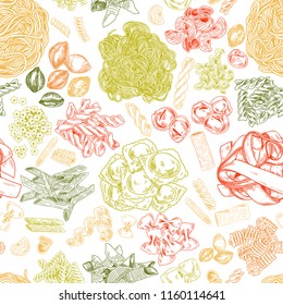 Hand drawn pasta seamless pattern, vintage vector illustration. Color elements on white background
