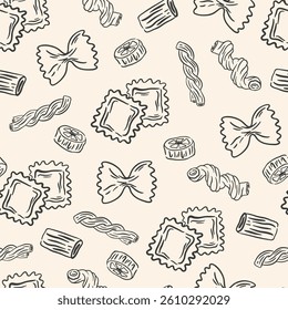 Hand drawn pasta seamless pattern. Minimalist mediterranean spaghetti background. Italy la dolce vita coast food for greeting cards, poster, postcards. Doodle sketch icons in crayon drawing style