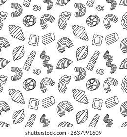 Hand drawn pasta seamless pattern on white background. Macaroni, gnocchi, fettuccine, farfalle, fusilli and conchiglie pattern