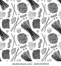 Hand drawn pasta seamless pattern on white background. Macaroni, penne, fettuccine, farfalle, fusilli and spaghetti pattern