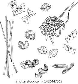 Hand drawn pasta set. Black sketched pasta collection, isolated on white background. Vintage vector illustration.