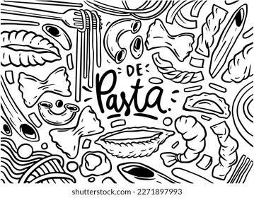 Hand drawn of pasta set in doodle style isolated on white background, Vector hand drawn pasta dish. Vector illustration