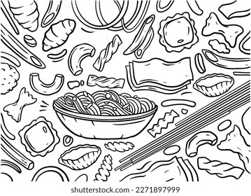 Hand drawn of pasta set in doodle style isolated on white background, Vector hand drawn pasta dish. Vector illustration