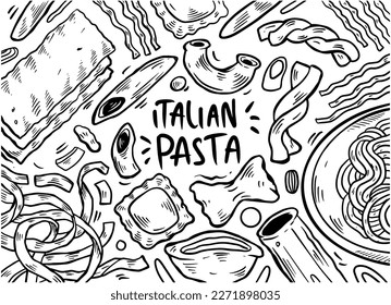 Hand drawn of pasta set in doodle style isolated on white background, Vector hand drawn pasta dish. Vector illustration