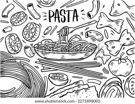 Hand drawn of pasta set in doodle style isolated on white background, Vector hand drawn pasta dish. Vector illustration