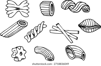 Conjunto de Formas de pasta dibujadas a mano, ilustración de arte de línea de comida italiana