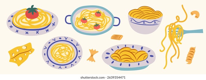 Hand drawn pasta and spaghetti doodle vector illustration. Cartoon art for food menu, restaurant, greeting cards, pasty, poster design, postcards, and branding. Mediterranean food element summer set.