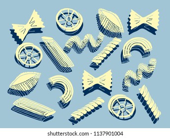 hand drawn pasta types/variants illustration vector