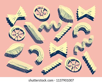 hand drawn pasta types/variants illustration vector