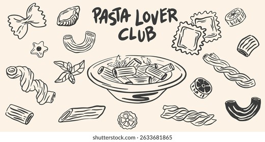 Hand drawn pasta vector set. Different Mediterranean spaghetti types. Italy la dolce vita coast food for greeting cards, poster, postcards. Minimalist doodle sketch icons in crayon drawing style