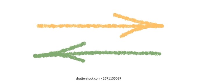 Elemento de seta pastel desenhado à mão com traço de lápis de cera visível e estilo de esboço filho macio. Símbolo de ponteiro em textura áspera desenhada à mão. Ícone de direção infantil em formato colorido e divertido.