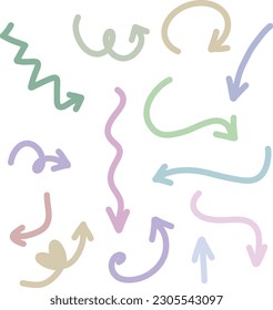 Conjunto de iconos vectoriales dibujados a mano con flecha pastel. esbozar el diseño de flecha para los negocios, la educación o la presentación, Aislar sobre el fondo blanco.