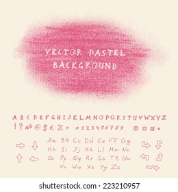 Hand drawn pastel banner. Vector background with sketchnote alphabet, numbers and symbols