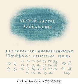Hand drawn pastel banner. Vector background with sketchnote alphabet, numbers and symbols