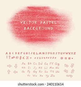 Hand drawn pastel banner. Vector background with sketchnote alphabet, numbers and symbols
