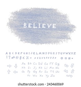 Hand drawn pastel banner. Vector background with sketchnote alphabet, numbers and symbols
