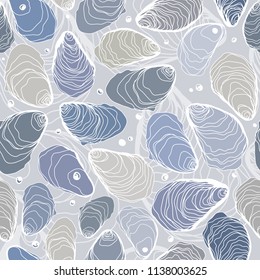 Hand Drawn Pastel Blues Seamless Oysters and Pearls Line Pattern