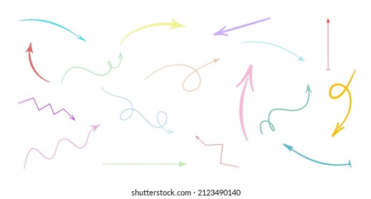 Hand drawn pastel color arrows. Vector set of different dirrection elements. Up, down, left, right, twisted isolated doodle arrows on a white background.
