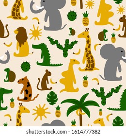 Hand drawn pastel color vector illustration seamless pattern cartoon of African animals