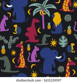 Hand drawn pastel color vector illustration seamless pattern cartoon of African animals