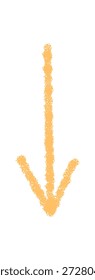 Icono de flecha de lápiz pastel dibujado a mano. Símbolo de puntero hacia abajo con elemento de trazo de boceto en bruto en naranja. Detalle creativo del signo o del símbolo, acento artístico simple y mirada moderna para el proyecto versátil