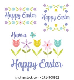 hand drawn pastel Happy Easter graphics with tulips and flowers