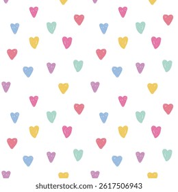 Hand drawn pastel heart pattern. Seamless vector background with colorful crayon style hearts. Perfect for fabric print, scrapbooking, invitations, gift wrap, fun packaging, kids clothing