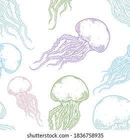 Hand drawn pastel jellyfish vector seamless pattern. Medusa with long tentacles background illustration over white. Sea nature, underwater life animal.