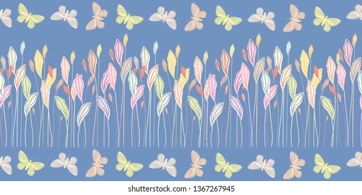 Hand drawn pastel meadow leaves and butterflies in border design. Seamless vector pattern on blue background. Great for baby, children and wellness products, fabric, packaging, stationery, home decor