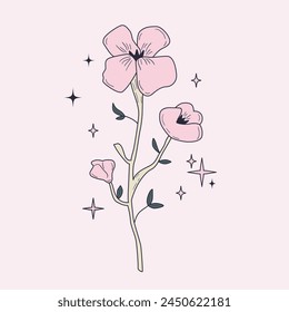 Hand drawn pastel pink flower and stars decorations. Line art botanical drawing for tattoo, card design. Coquette style floral illustration. Vector graphic