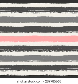 Hand drawn pastel pink, light and dark gray stripes seamless pattern. Horizontal brush strokes repeating vector texture.