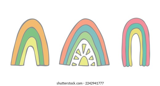 Hand drawn pastel rainbow set. Decorative elements for greeting card, kids and baby clothes print