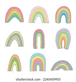 Hand drawn pastel rainbow set. Decorative elements for greeting card, kids and baby clothes print