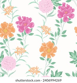 Hand Drawn Pastel Rose and Hydrangea Flower Seamless Pattern