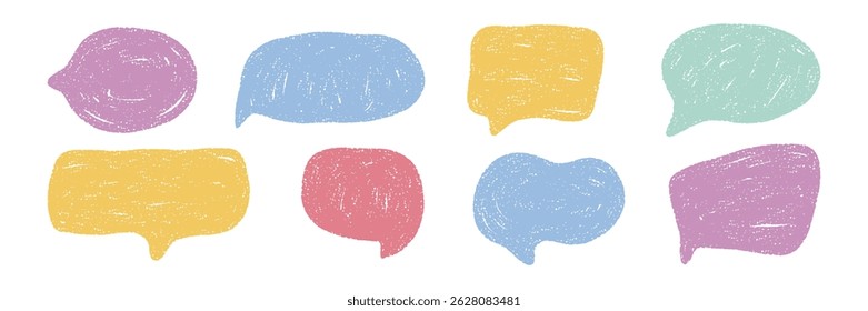 Hand Drawn pastel speech bubbles set with grunge texture. Rough chalk style shapes for social media, messages, scrapbooking, kids design, posters, education, stickers, comics, text box