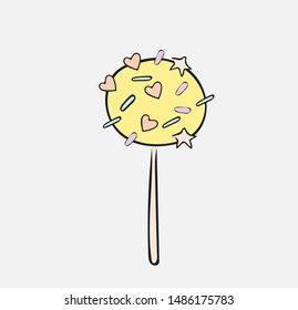 Hand drawn pastel sprinkled cake pop on stick isolated on white background. 
