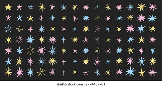 Hand drawn pastel star set with pink, blue and yellow doodle sparkles, cute crayon celestial collection isolated on white background, whimsical magic shapes, decorative vector elements for design