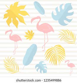 Hand drawn pastel tropical rainforest leaves. Aralia, monstera, banana, palm  cute leaf. Baby flamingo card. Vector isolated illustration.