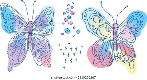  hand drawn pastel vector sketch of a butterfly set