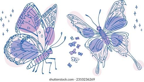 hand drawn pastel vector sketch of a butterfly set
