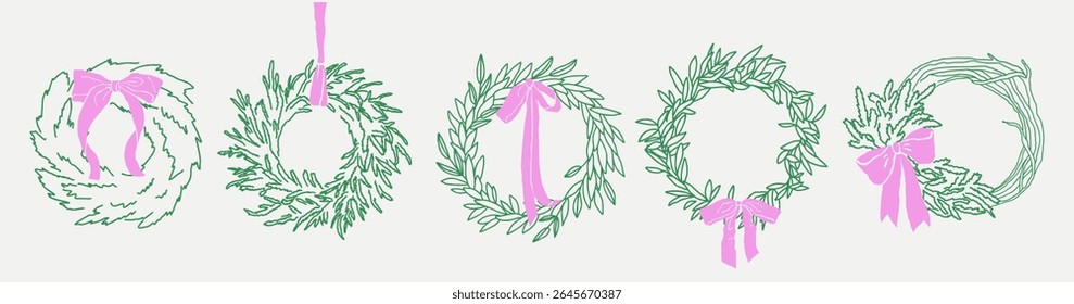 Hand drawn pastel wreaths with pink bows in minimalist crayon texture for whimsical branding, winter wedding decor, eco packaging, seasonal invitations in soft line art style.