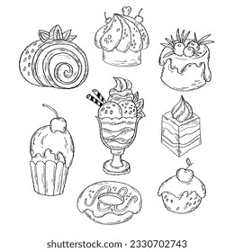 Hand drawn pastries. Collection outline sweet food. Desserts, roll, donut, cakes, cookies and muffins, pastries, ice cream and creamy dessert. Vector illustration.