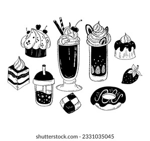 Hand drawn pastries and creamy smoothie shakes. Collection sweet food. Desserts, donut, cakes, cookies, muffins, strawberry and creamy dessert. Vector illustration.