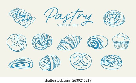 Hand drawn pastries including various sweet breads. Modern vector set of bakery products and breakfast food