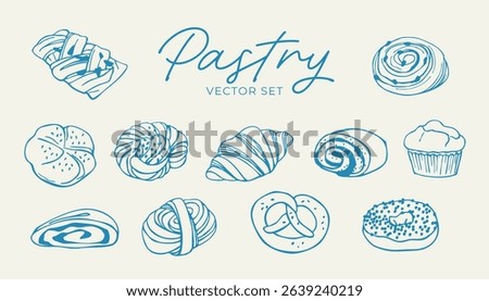 Hand drawn pastries including various sweet breads. Modern vector set of bakery products and breakfast food