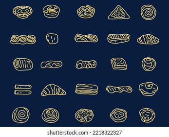 conjunto de iconos de esquema de pasteles dibujados a mano.ilustración de vector de doodle de panadería 